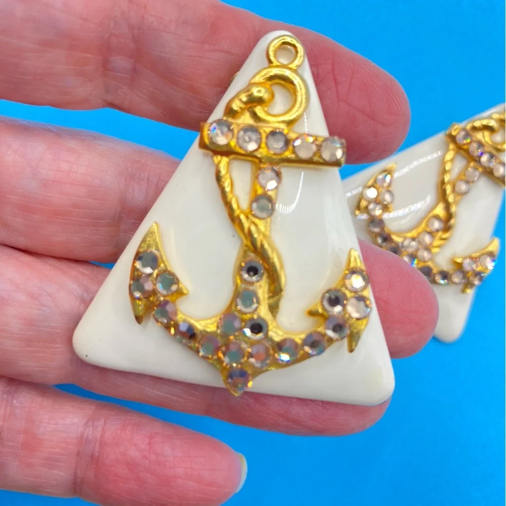 Vintage Anchor Rhinestones On Enameled Gold Tone Chunky Huge Earrings 80's Clips - Picture 6 of 7